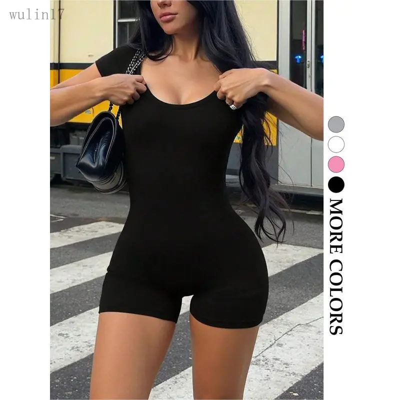 Women's Solid Color Fitted Short-Sleeve Overalls - Lady's Casual Basic Comfy Daily Wear Romper, Machine-Washable All-Seasons Clothes