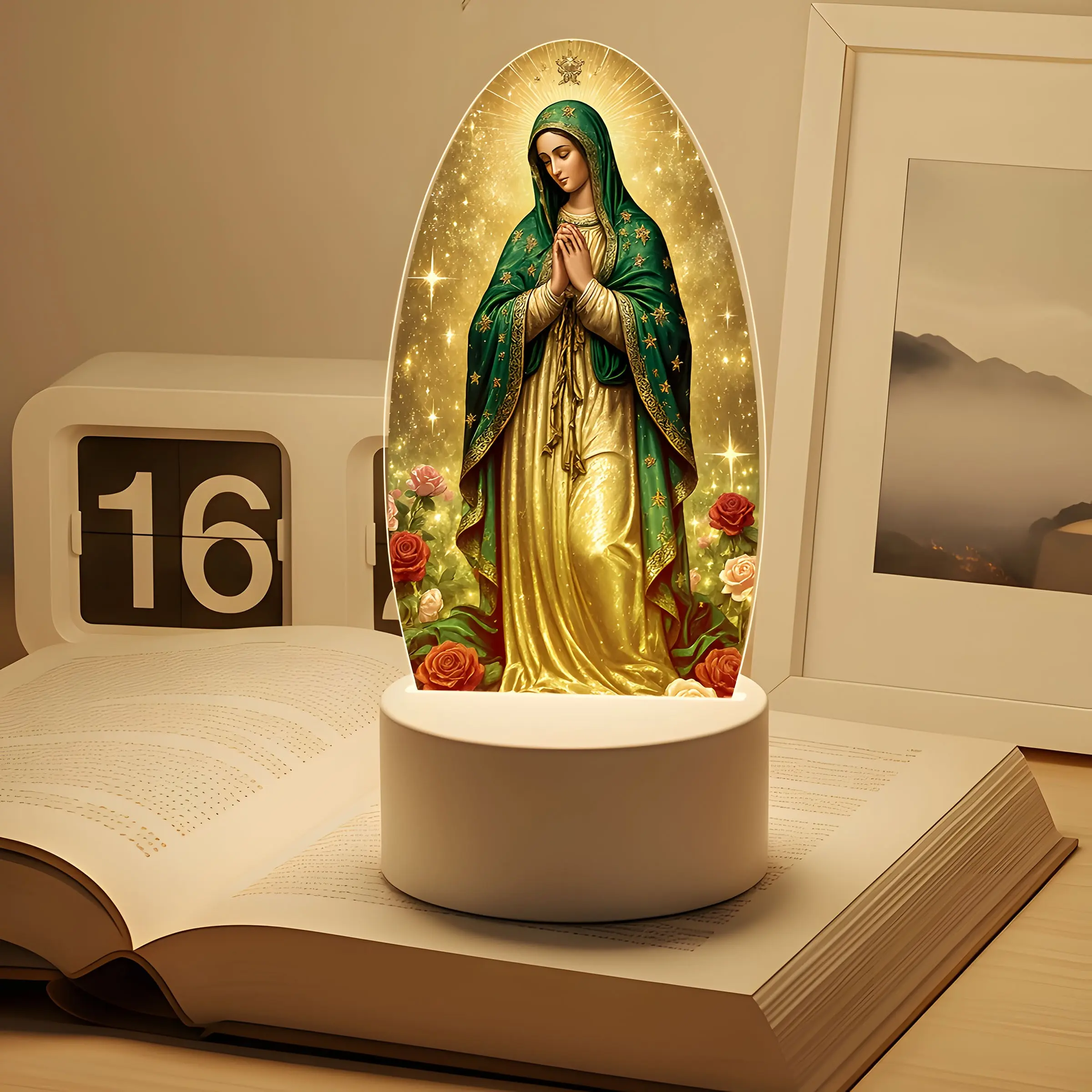 Guadalupe Virgin Night Light, USB Powered Acrylic LED Table Lamp, Decorative Light, Mother Floral Design, Perfect Gift for Church Office Bedside Decor, Home Decor Light, Home Decoration Lamp