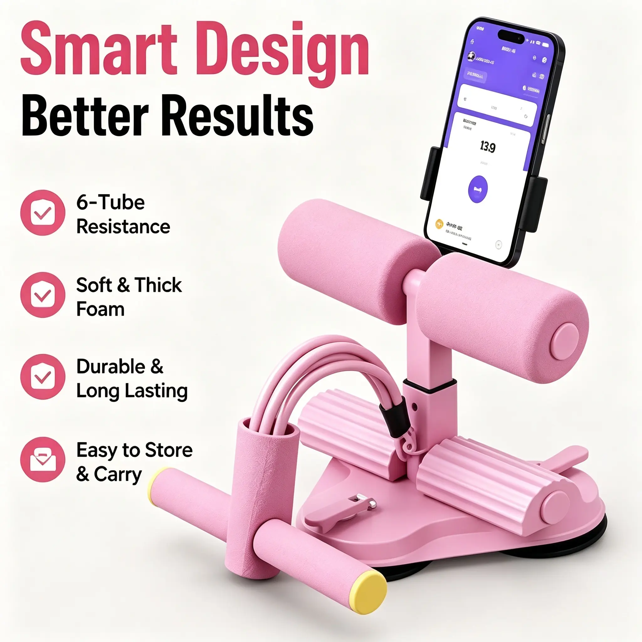 Triple Suction Cup Sit Up Bar Trainer, Adjustable 6-Tube High Tension Resistance Bands, Built-In Stable Phone Mount for Smart Workout Tracking, Portable Heavy Duty Home Floor Gear for Full Body Core Arm Leg Daily Training