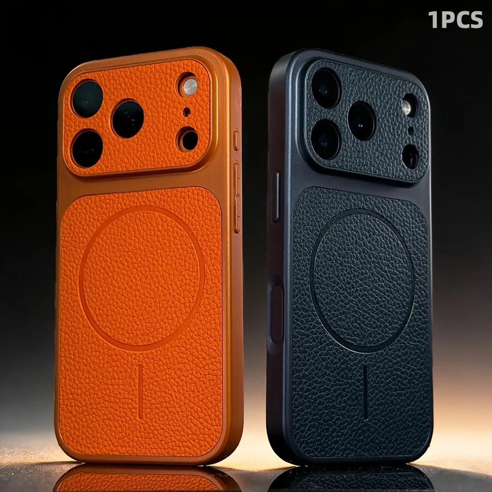 Luxury Artificial Leather Texture Magnetic Cellphone Case Compatible with iPhone 17 16 15 14 13 Pro Max Air Wireless Charging Shockproof Phone Accessory, Protection, Protective Armor Soft Border Cover, Shockproof Soft Shell