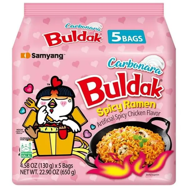 Samyang Buldak Spicy Ramen, Hot Chicken Ramen, Korean Stir-Fried Instant Noodle, Carbonara, 1 Bag with 5 Pack
