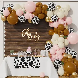135Pcs Cowgirl Pink Balloon Arch Kit, Sand White Coffee Cow Print & Gold Balloons for Party