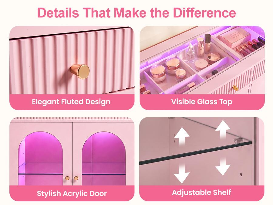 RoyalCraft 59''/75'' Makeup Vanity Desk with Lights, Rotatable & Extendable Dressing Table with Tempered Glass Top, L-shpaed Corner Vanity Table with Drawers and Doors, Perfect for Bedroom, Dressing Room, Pink/Black/White/Beige RoyalCraft 59''/75'' Makeup Vanity Desk with Lights, Rotatable & Extendable Dressing Table with Tempered Glass Top, L-shpaed Corner Vanity Table with Drawers and Doors, Perfect for Bedroom, Dressing Room, Pink/Black/White/Beige