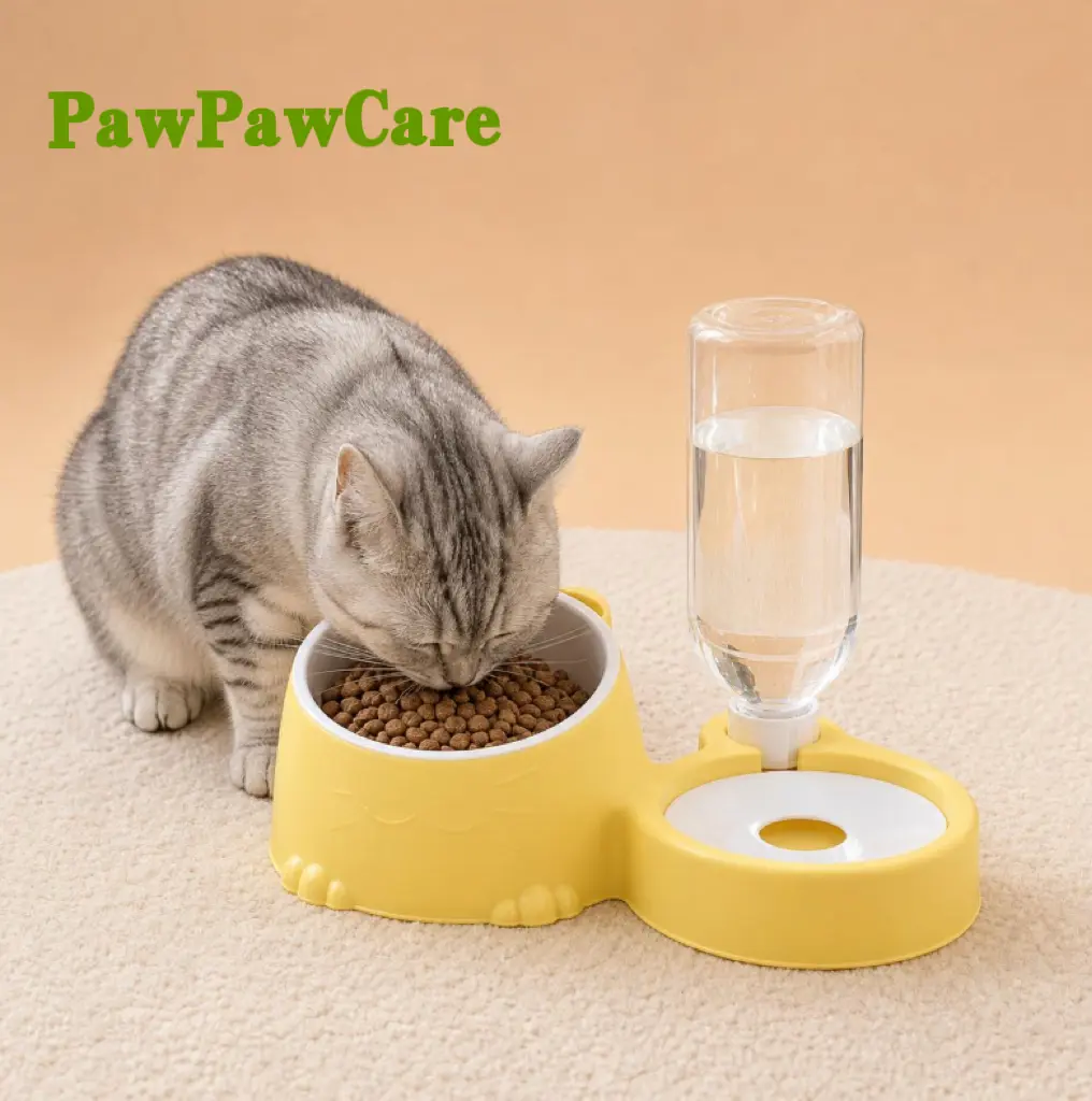 PawPawCare Sohochic 2-in-1 Plastic Automatic Pet Feeder & Self-Watering Station - Gravity-Fed Auto Dispense Slow Feeder Non-Slip Bowl Set with Water Bottle for Small-Medium Dogs & Cats, Bowl/Dish