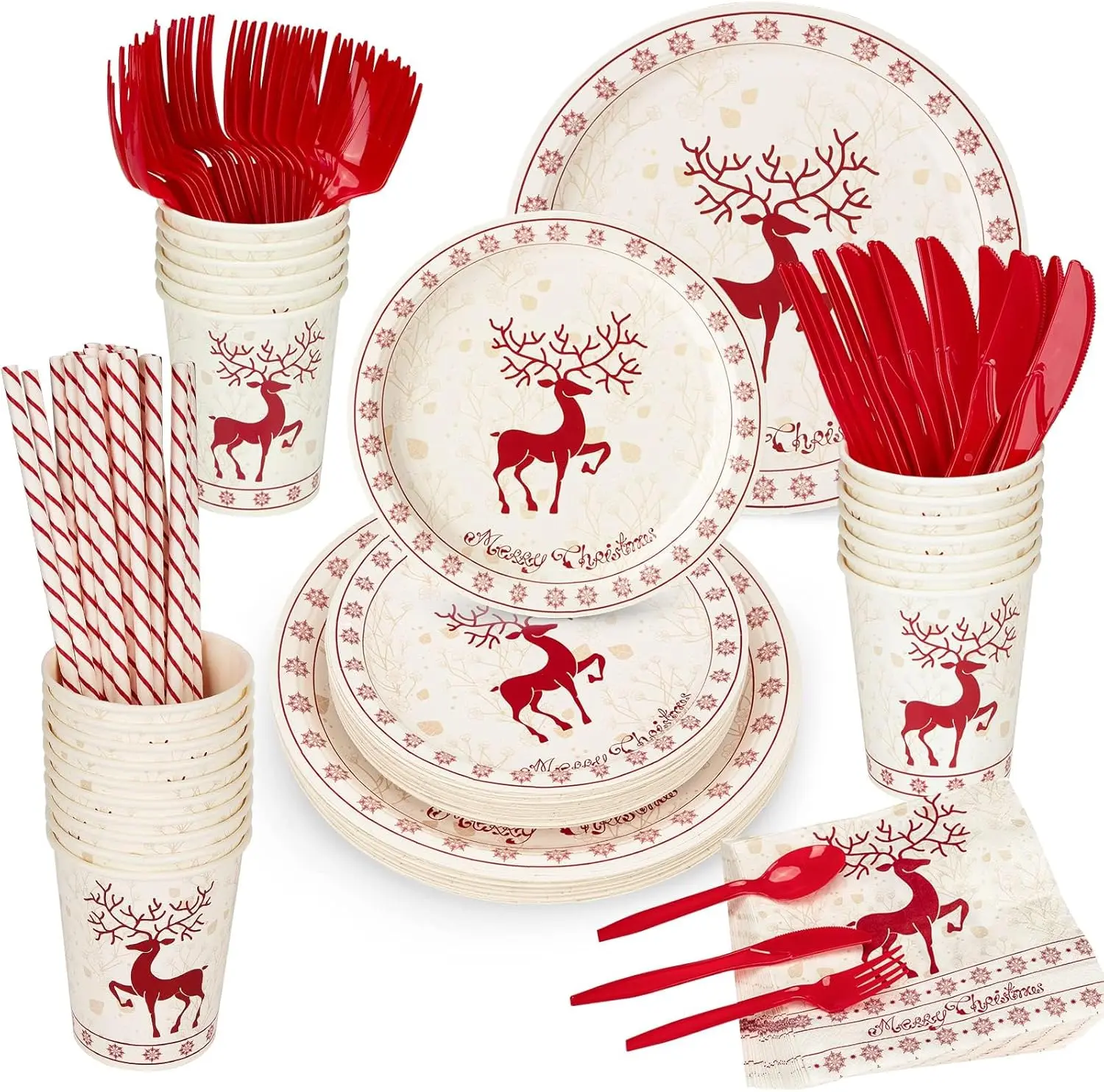 215 Pcs Christmas Plates and Napkins Set Serve 25, Christmas Elk Disposable Tableware Set, Decorations Includes Plates, Cups, Napkins, Tableware