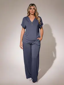 Women's 2-piece short-sleeved top and casual wide-leg trousers home outfit; spring and summer casual wear; drawstring waist pockets wide-leg trousers.