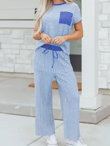 Stripe Crew Neck Tee Drawstring Waist Cropped Pants Set,  Drawstring Waist Pants Offer Adjustable Comfort and a Relaxed Fit.