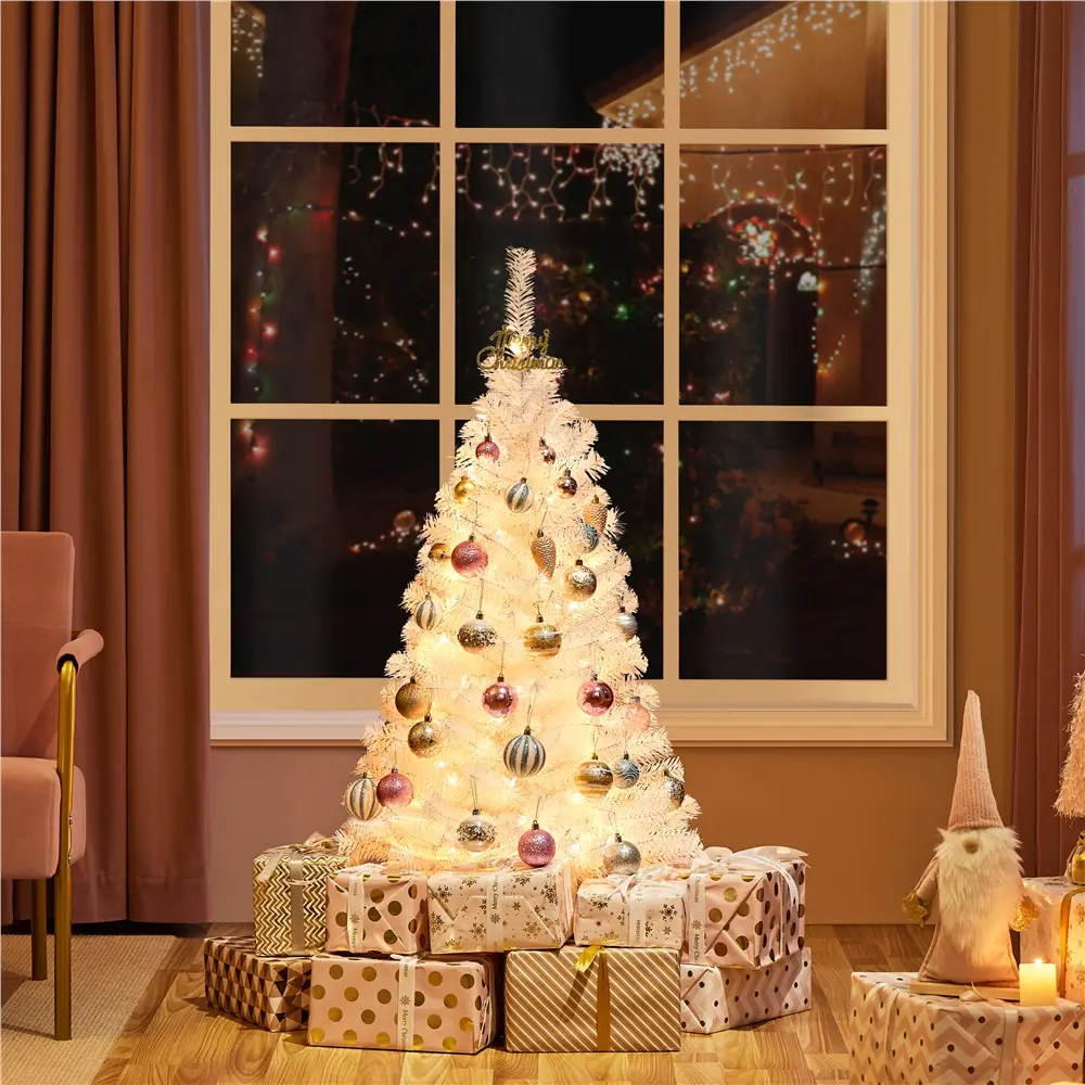 【White Tree】 Yaheetech Pre-lit Spruce Artificial Hinged Christmas Pine Tree Prelighted Xmas Tree for Home Party Holiday Decoration with Clear Warm White Lights and Branch Tips