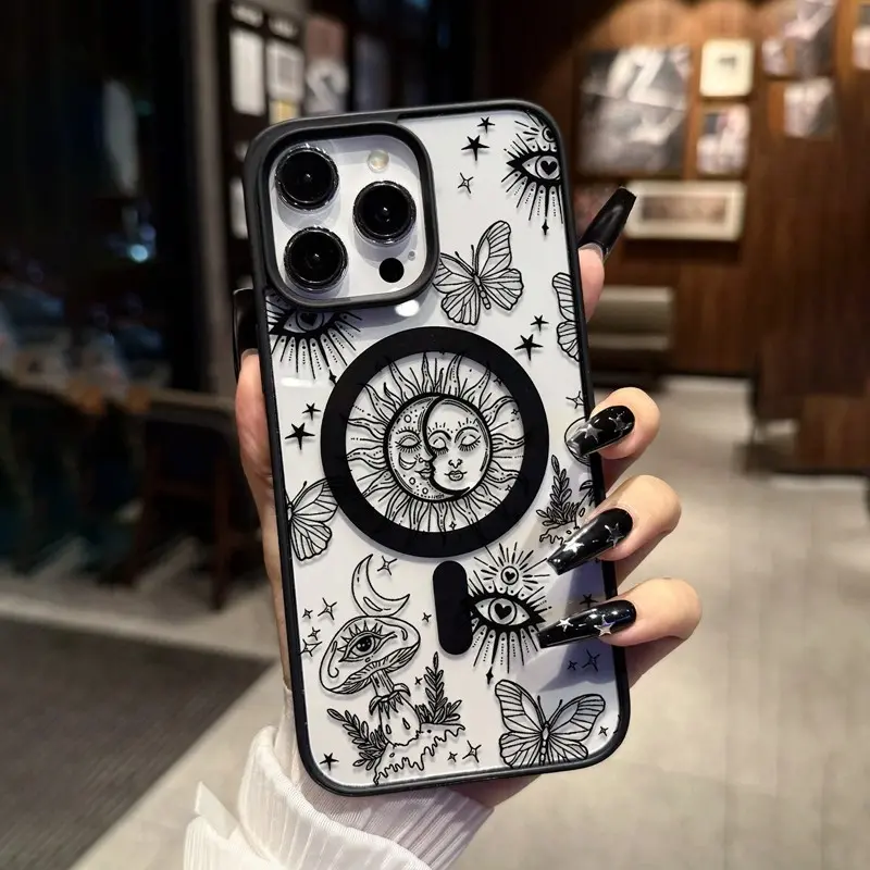 Mysterious Moon Totem Magnetic Phone Case, Aesthetic Shockproof Protective Tpu Cover, Protector, Wireless Charging Compatible, Fits iPhone 11/12/13/14/15/16/17/air, TPU Smartphone Casing, Tpu Cellphone Casing, Casing, Accessories