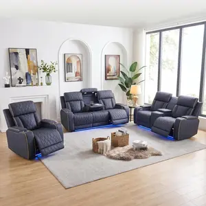 Power Recliner Sofa Set with LED Lights,Suede Leather Reclining Couch with Coffee Table/Storage Console/Cup Holder,Reclining Living Room Set with 5 Recliner Seats for House(3 Piece Set)