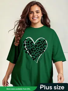 【Plus Size】Plus Size Women's Loose-Fitting Leopard Heart Print Crew Neck Short Sleeve T-Shirt, Casual Fashionable Top for Daily Outdoor Wear