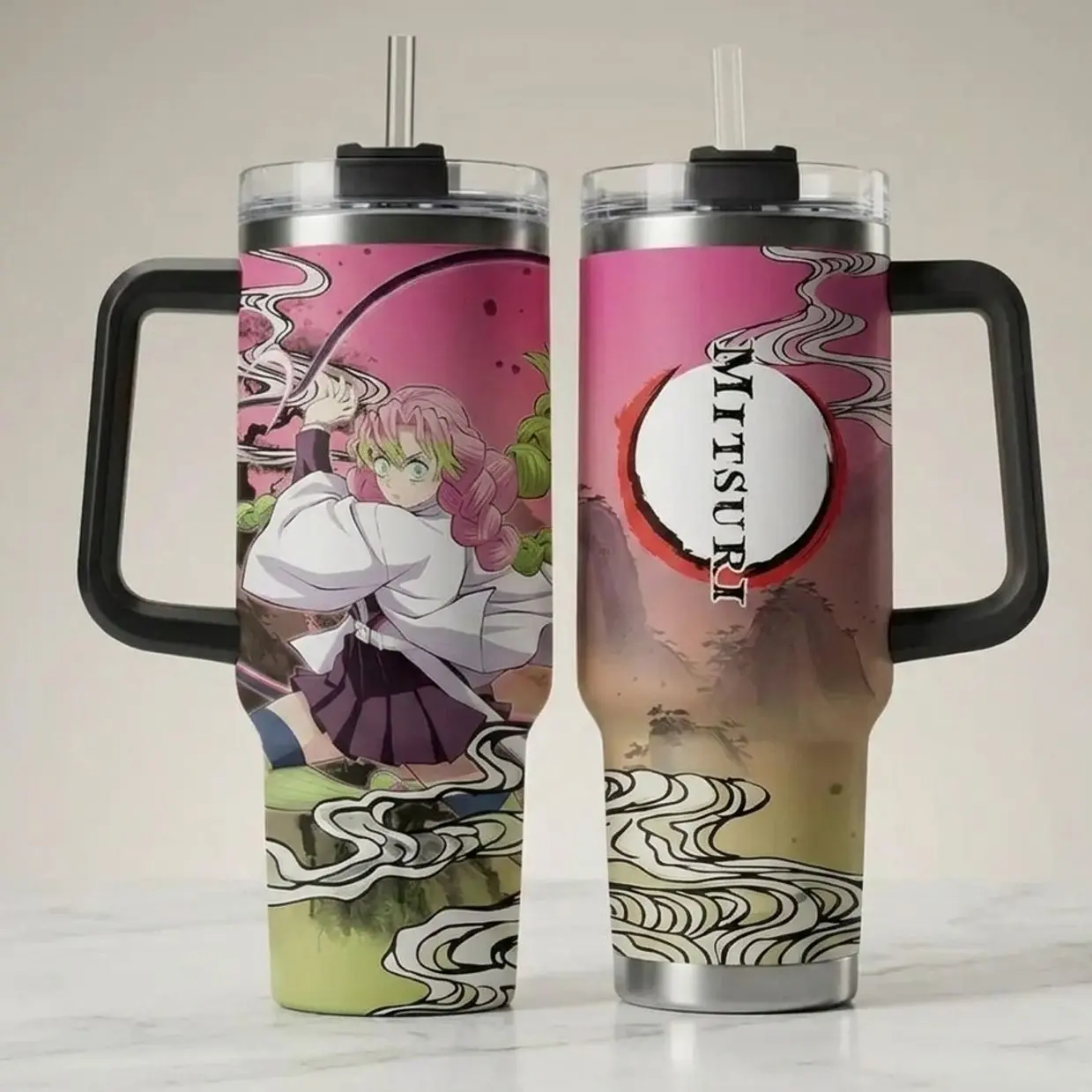 Mitsuri Kanroji Inspired 20oz/30oz/40oz Stainless Steel Tumbler with Handle – Love Hashira Double Wall Vacuum Insulated Travel Mug, Anime Fan Gift