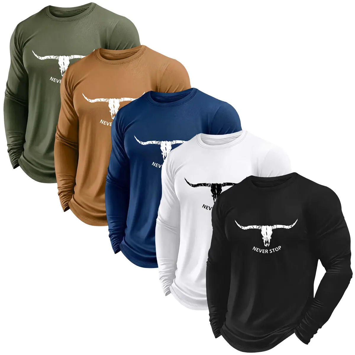 Men’s 5PCS Crew Neck Long Sleeve Shirts - Fashion Casual Sports Style, Pattern Print/Solid Color, Soft Stretchy Skin-Friendly Lightweight Durable Quick-Dry Polyester, Athletic Fit Training & Fitness Wear