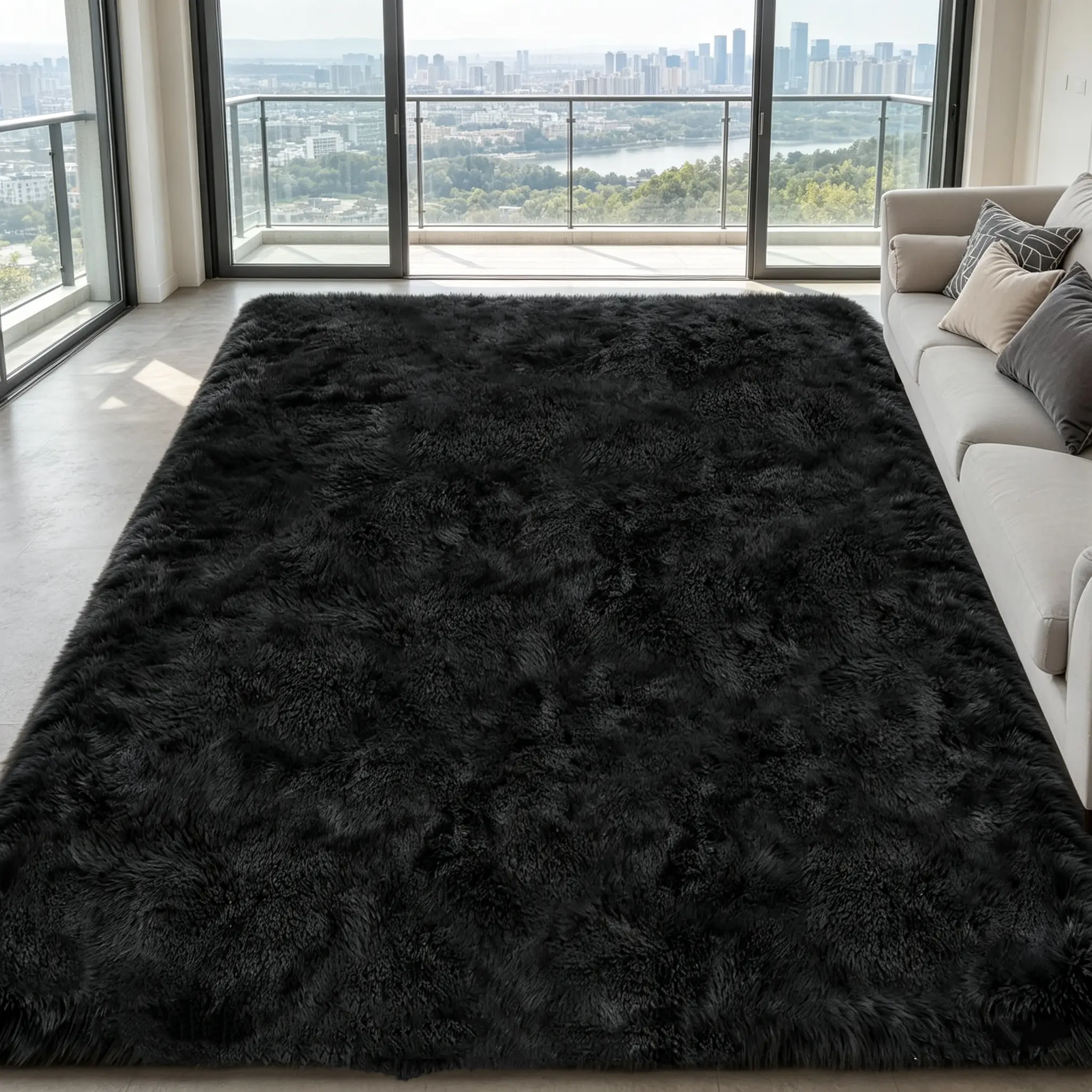 Black Furry Soft Rugs - 4x6 Ft Upgraded Anti-Slip Rectangular Shaggy Rug, Super Soft Long-Haired Modern Plush Carpet for Indoor Living Room, Bedroom Home Decoration, Soft Shaggy Rug