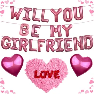 16"  'WILL YOU BE MY GIRLFRIEND' Valentine Balloons, 18" Heart Balloons with 1200 count Artificial Rose Petals for Valentine Day Decorations Wedding Engagement Galentines Day Bridal Shower