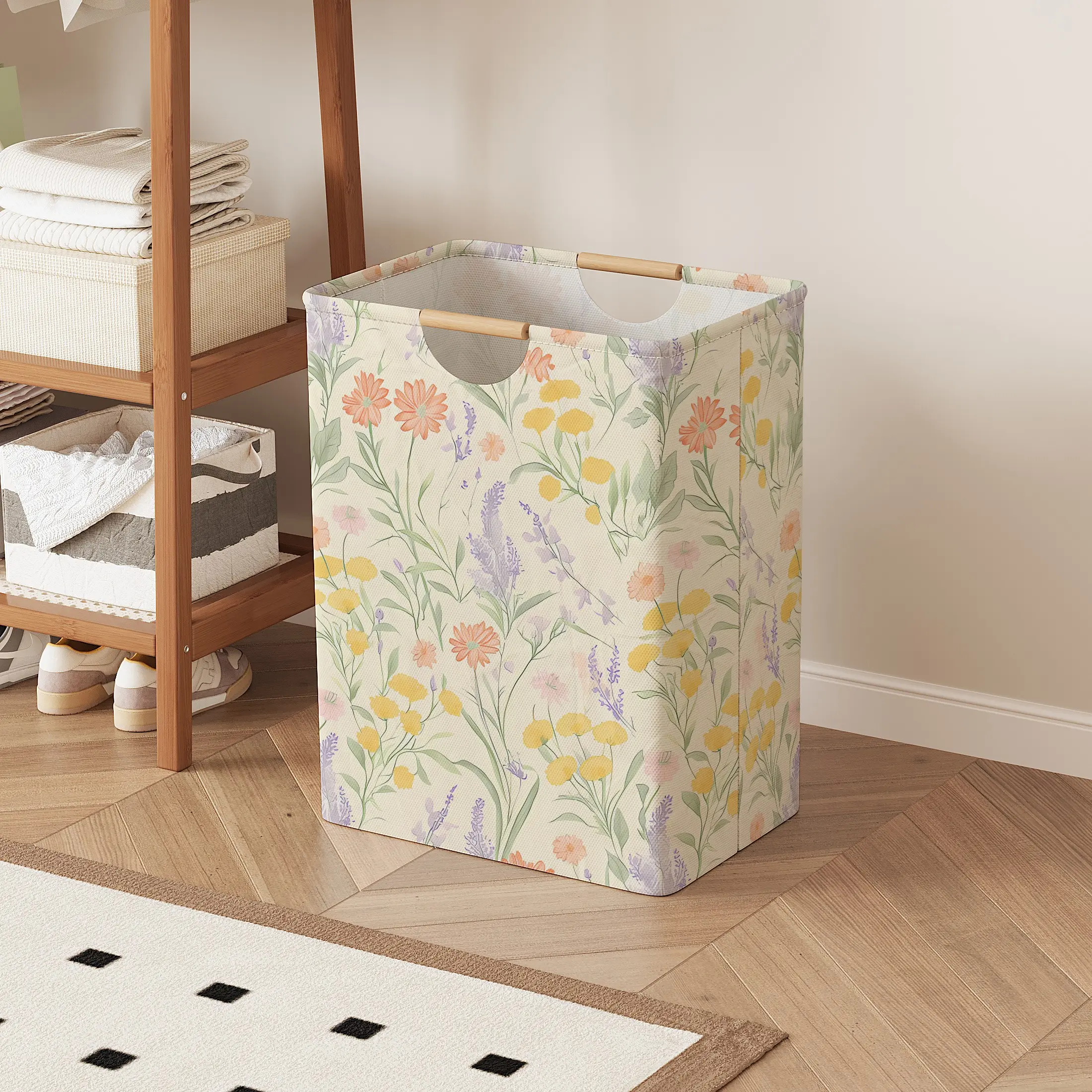 Floral Bouquet Print Open Storage Box, Foldable Laundry Basket with Handle, Foldable Laundry Hamper, Home Bathroom Collapsible Clothes Organizer Bucket