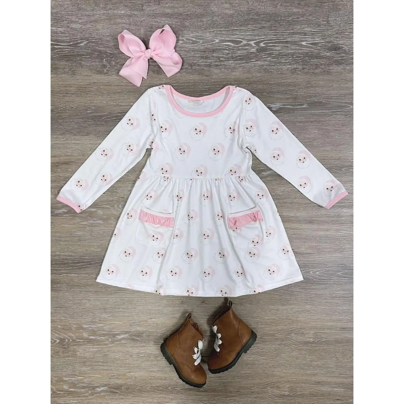 Pretty Pink Santa Claus Girls or Toddler Pink Trim Pocket Long Sleeve Christmas Holiday Dress