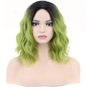 14 Inches Ombre Green Wig Short Curly Wig Bob Matcha Green Wigs Women Beach Wave Wigs for Cosplay Costume Party Hairnet Included