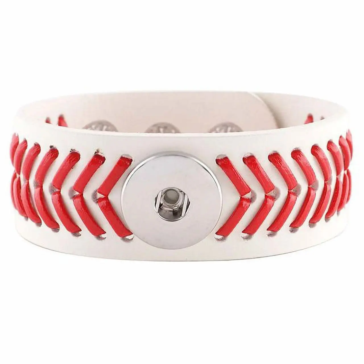 Baseball Genuine Leather Snap Jewelry Bracelet, 7.5in. - 8.5in. Adjustable, Fits 18MM Snap Charm Buttons