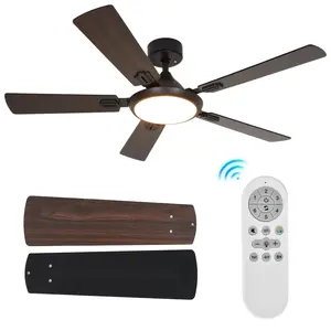 52 Inch Ceiling Fan with Light, Downrod Mount 5-Blade Ceiling Fan, Iron & Plywood Blades, 3-Color Dimmable LED, Reversible DC Motor, 6 Speed Adjustable with Timer, Quiet Indoor Ceiling Fan for Bedroom Living Room