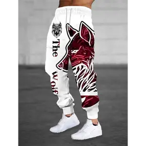 Men's Red Fox & Letter Print Joggers - Casual Athletic Sweatpants, Polyester Blend, Machine Washable, Mixed Color, Perfect for Outdoor Activities