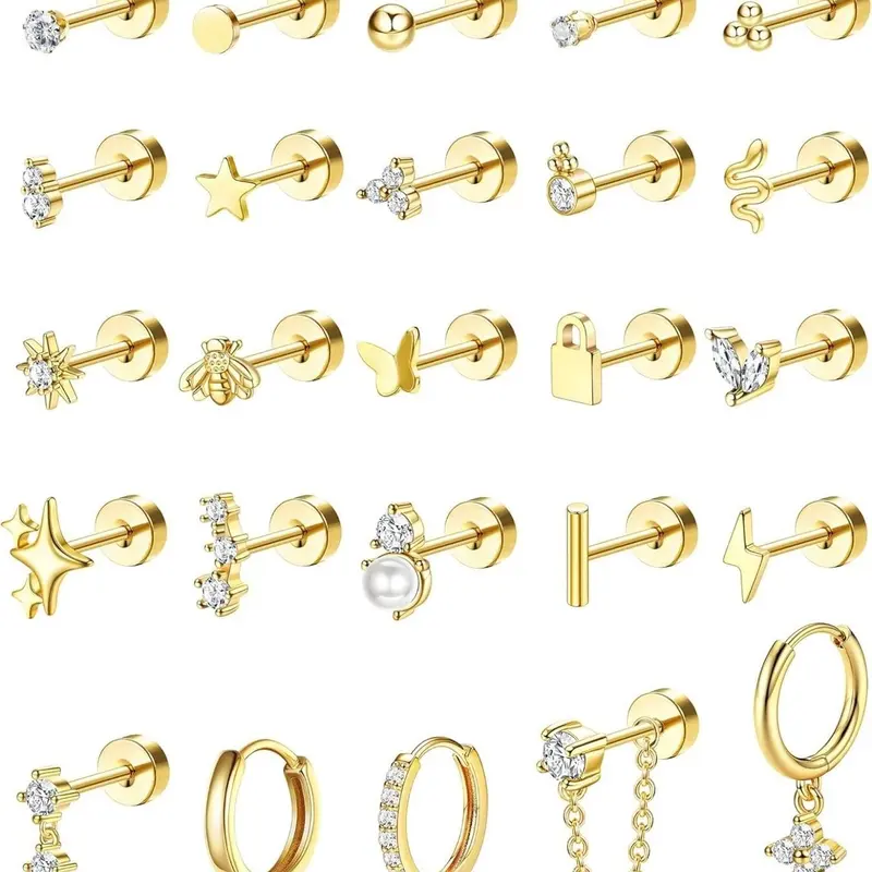 Hypoallergenic Earrings Set for Sensitive Ears, Earring Stacking Set, Stainless Steel Earrings for Women, Dainty Flat Back Studs & Hoops for Multiple Piercings, Earrings Jewelry