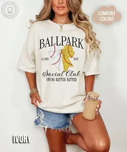 Baseball and Softball Comfort Colors® T-Shirt - Ballpark Social Club Graphic Tee - Cute Sports Mom Bow Shirt - Game Day Apparel for Softball Moms - Trendy Coquette Baseball Tee