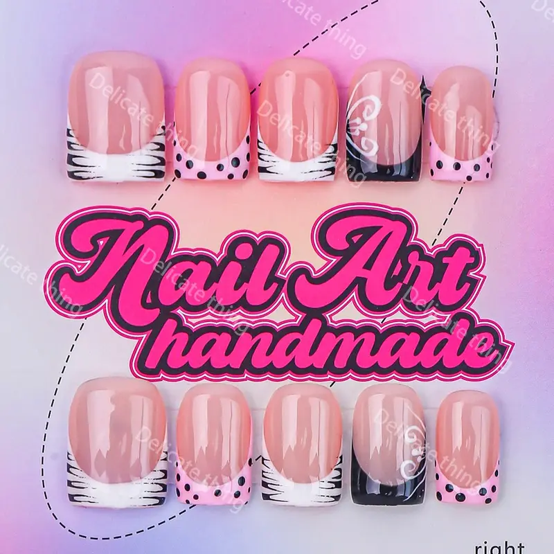 Delicatething Y2K Style Nail Set, Handmade Square Nails with Spots, Lines, French Tip Design, 4 Sizes XS S M L, Perfect Gift for Girls, Nail Art Products
