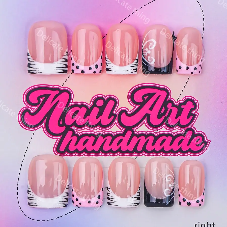 Delicatething Y2K Style Nail Set, Handmade Square Nails with Spots, Lines, French Tip, French Design, Nail Art Design, Nail Designs, 4 Sizes XS S M L, Perfect Gift for Girls