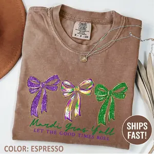 Comfort Color Preppy Mardi Gras Y'all Shirts Printed Glitter Effect, Mardi Gras T-Shirt, Fleur De Lis Coquette Tee, Brushstroke Mardi Gras Louisiana Tshirt