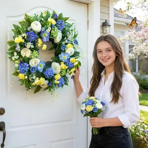 Blue Spring Flower Wreath, 18-Inch Ranunculus and Hydrangea Wreath, Farmhouse Style Front Door Decoration, Daily Use