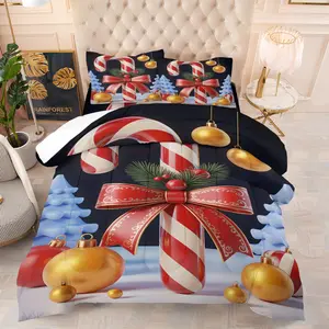 Exquisite Christmas Candy Cane Pattern Quilted Comforter Set, Includes Filled Comforter & Pillowcase, Gold Decorative Printing Warm Quilt Core, Perfect for Home Decoration & Gifts