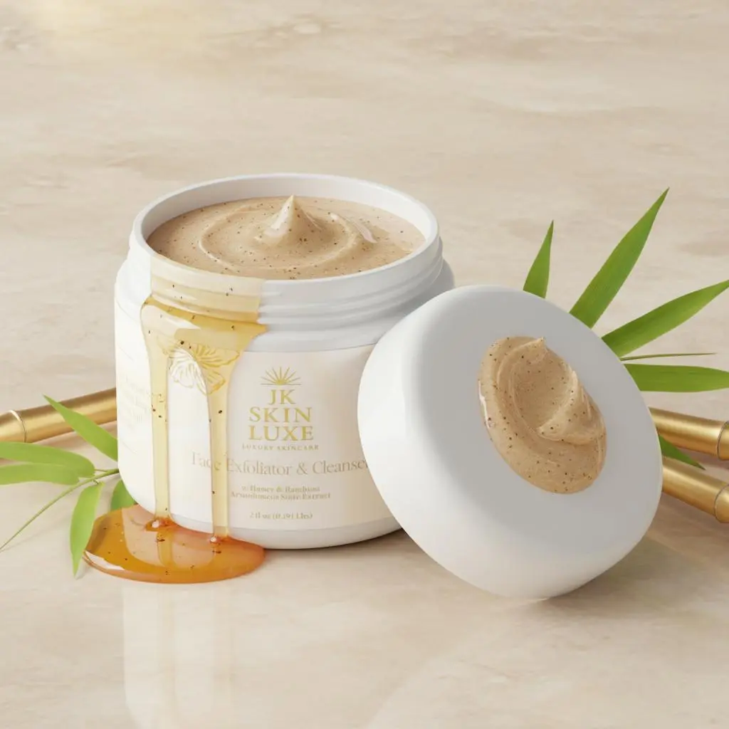 JK Skin Luxe Face Exfoliator and Moisturizer, Gentle Scrub with Amber & Bamboo Powder to Boost Radiance and Smooth Complexion - Vanilla Scent, Rejuvenating, Hydrate, Honey, Scented, Moisturizing, Smoother, Hydrating, Moisture, Adults, Physical, All Skin T