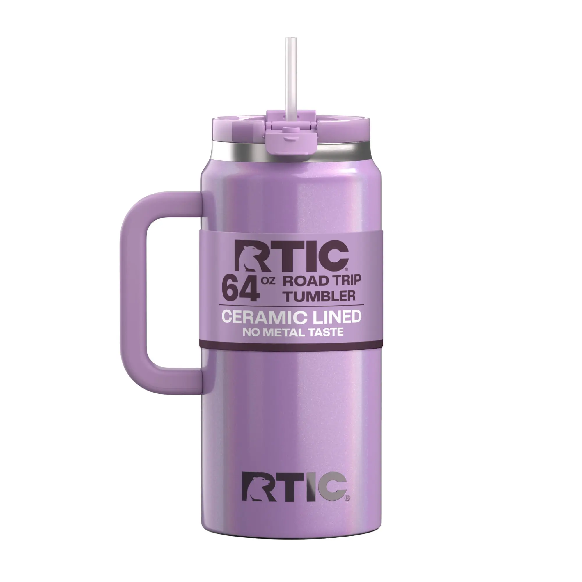 RTIC 64 oz Ceramic Lined Road Trip Tumbler with Handle and Leak-Resistant Straw Lid, Lavender Glitter