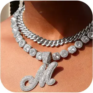 2pcs Cuban Link Chain for Women-Cursive Silver Initial Necklace, Hip Hop Iced Out Chain Necklace, 14mm Cuban Chain with Letter Name, Bling Diamond Look-Women's Hip Hop Jewelry yankee daddy