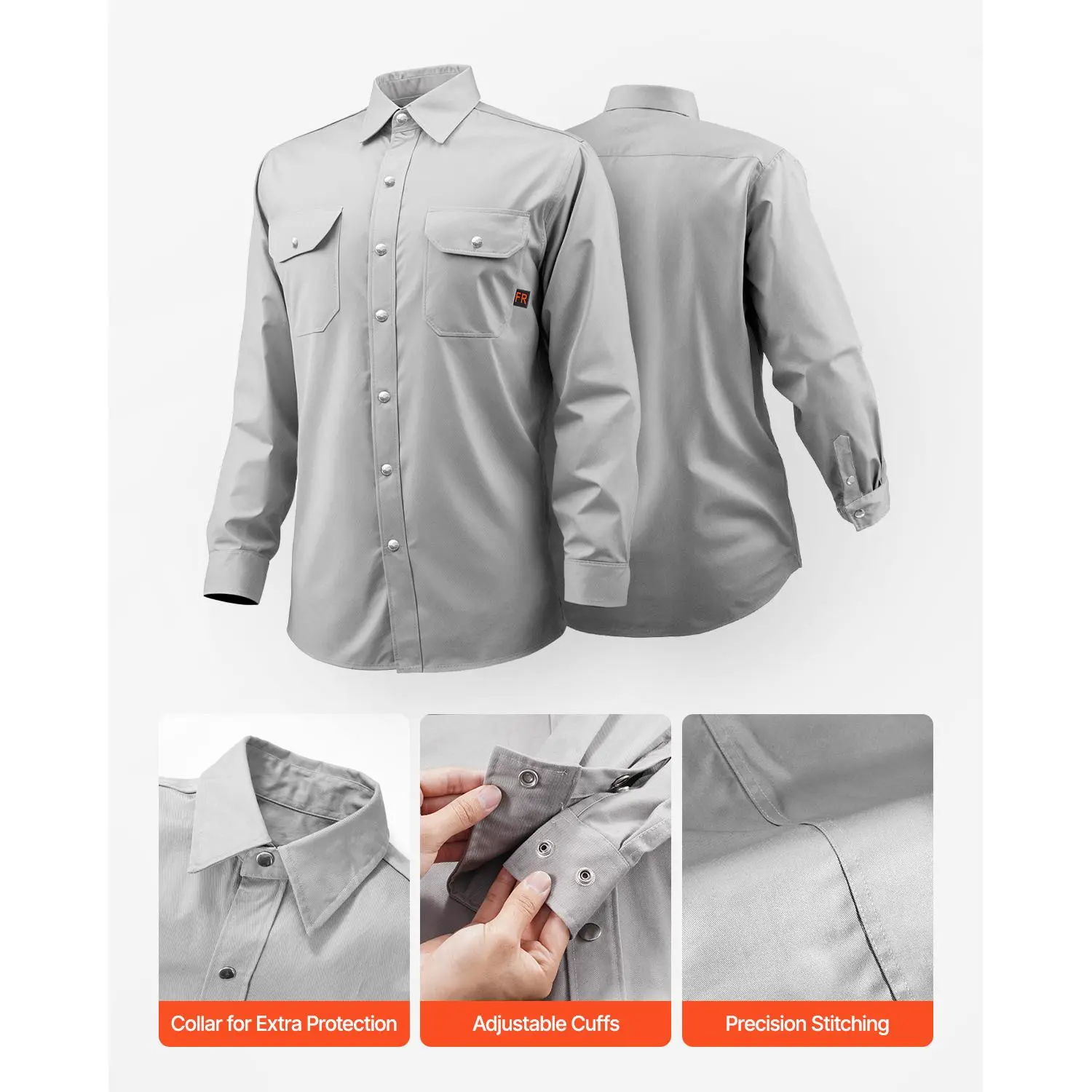 VEVOR Men's FR Workwear Welding Shirt, 7oz Pure Cotton Long Sleeve Flame Resistant Jacket, Machine Washable, 50-100 Washes, ATPV 9.2 Cal/cm² Arc Rating, Adjustable Cuffs, Heat Insulation, Sparks Protection, Multi-Size Option - XXL, Menswear, Layer, Protec
