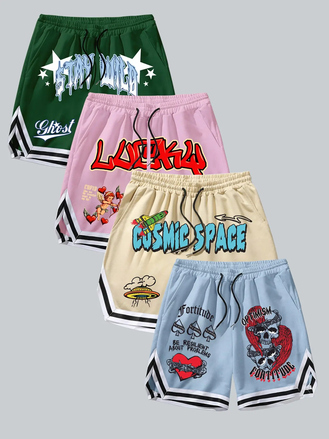 Men's Graffiti Printed Basketball Shorts 4-piece Set, Street Style Urban Fashion Cartoon Pattern Various Shorts with Angel, UFO, and Skull Patterns, Loose fit for Street and Casual, Durable Bold Printed for City and Y2K Style Fans