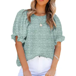 Womens Blouses Dressy Casual Floral Print Crewneck Smocked Puff Short Sleeve Shirts Summertok Comfort Summer Outdoorfun Elegant Fit 2026 Polyester