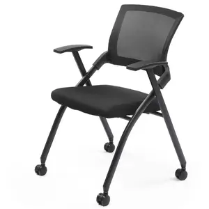 HAOYYE 1 Pack Stackable Folding Office Chair with Wheels and Padded Seat Rebound Back Black PU Upholstery Metal Frame Conference Guest Reception Training Room Chair Fully Assembled Supports 350lbs