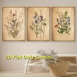 3 pieces of vintage wildflower canvas art set - modern floral and plant prints, 2D flat printing frameless paintings for living room, bedroom, and office decoration