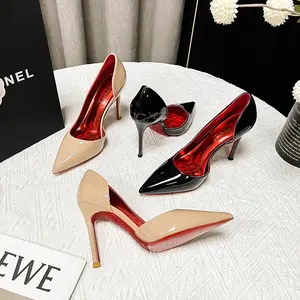 Hot Red Sole Heels 2025 New Stiletto Pointed Toe Patent Leather Genuine Side Hollow Shallow Mouth Women's Single Shoes