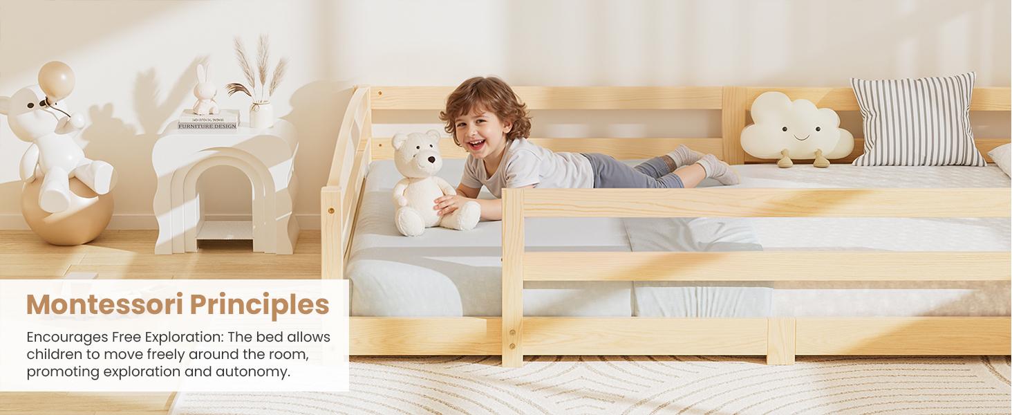 Naudacaa Twin / Full Toddler Bed with Rails, Low Montessori Floor Bed Frame for Kids w/ 2 Openings, Solid Wooden Floor Beds for Girls and Boys, CPC Certified