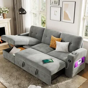 Light Grey 84" Sleeper Sofa with Storage & Charging Station, Convertible Sectional Couch Bed with LED Lights, Reversible Chaise, Pull Out Sofa Bed for Living Room Apartment, Velvet