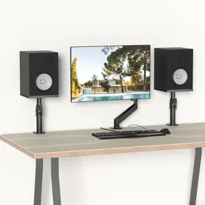 suptek Clamp-on Speaker Stand Desk Mount Set, Height Adjustment, Tilt, Swivel, 9.6 x 8.8 inch Trays, Universal Audio Holders for Computer and Bookshelf Speakers, Elevated Sound, 2 Pack, Black, SDM001B