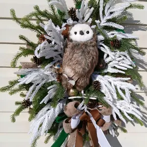 Rustic Owl Wreath with Fuzzy Brown Owl and White Pine Cones for Festive Home Decor