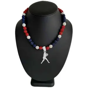 Iced Bling Disco Ball Rhinestone Crystal Bead Baseball Necklace Red, White, Navy  + Player Swing Pendant