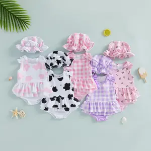 Toddler Baby Little Girl Swimsuit Set Printed Sleeveless Ruffled Swim Tops Thongs with Sun Cap Bathing Suit Outfit 6M-4Y