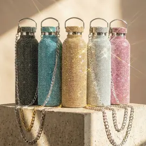 Bling Water Bottle with 5000 Glitter Rhinestones & Crossbody Chain, 25oz Stainless Steel Vacuum Insulated Tumbler, Leak Proof, Keeps Drinks Cold 24h and Hot 6h