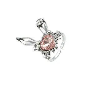 New Lovely Rabbit Ear Adjustable Rings Bunny Zircon Jewelry Opening Rings For Girl Couple Women Valentine's Day Gifts
