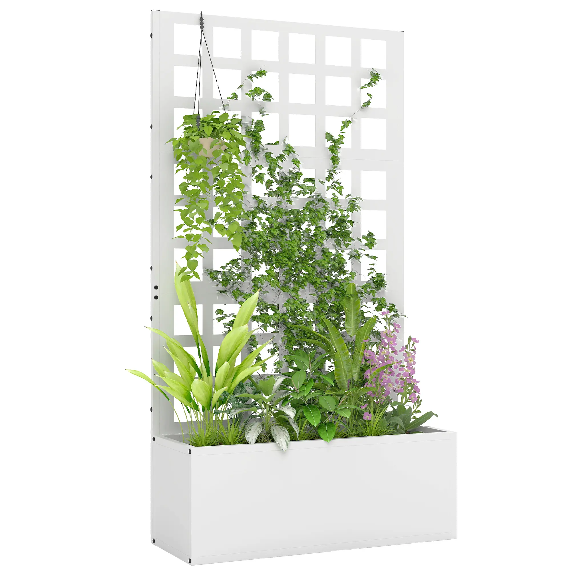 White Galvanized Steel Raised Garden Bed Planter Box with Trellis - 24" W x 9.1" D x 44.5" H, 7.4 gal/66 lbs Capacity, Optimal Drainage, Weather-Resistant Metal Flower Pots & Planters for Vines & Climbing Plants/Vegetables